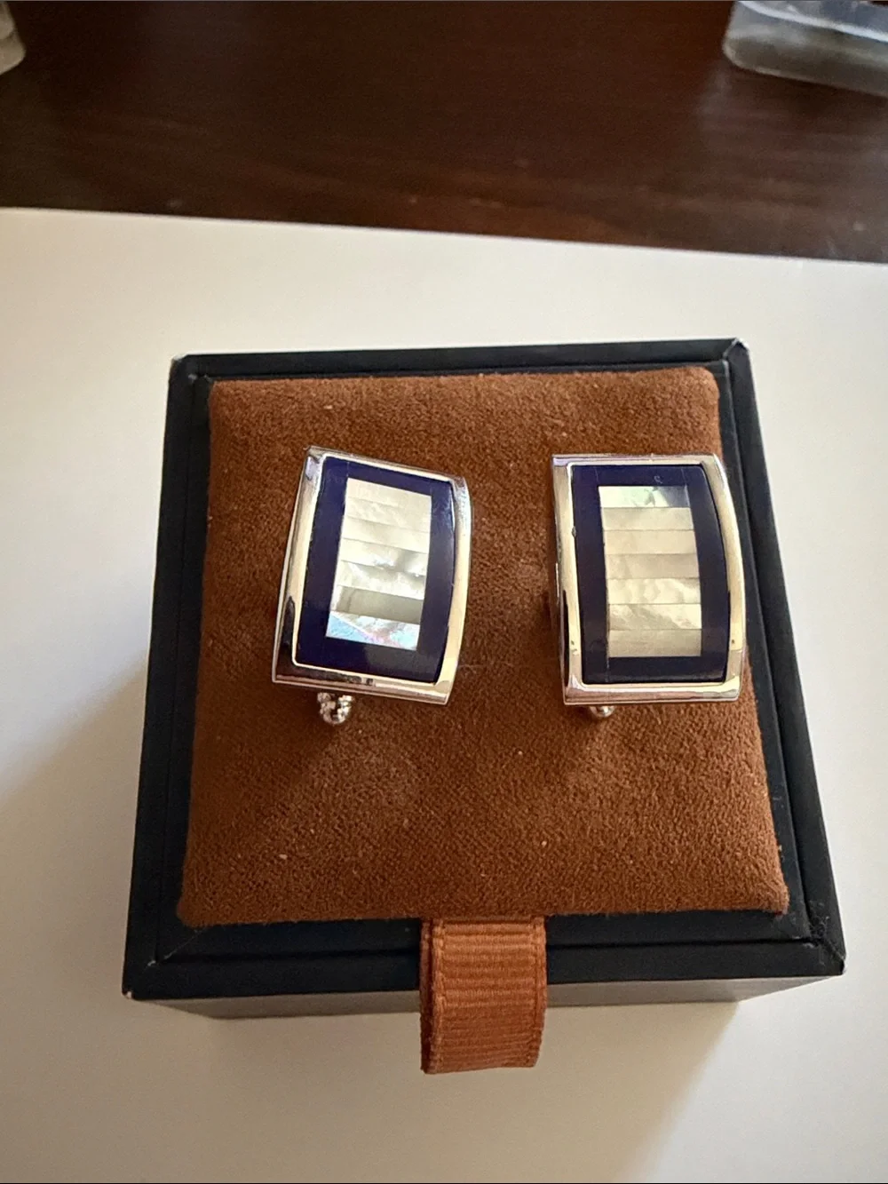 Silver Tone Rectangular Mother-of-Pearl Inlay Cufflinks with Navy Accent